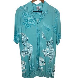 Cabali Hawaiian Shirt Men’s L Blue Fish White Floral Tropical Button Down Tribal